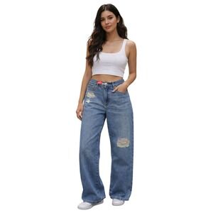 Levis Girls Wide Leg Jeans Size 10 Clean Getaway Blue Distressed Embroidered NEW